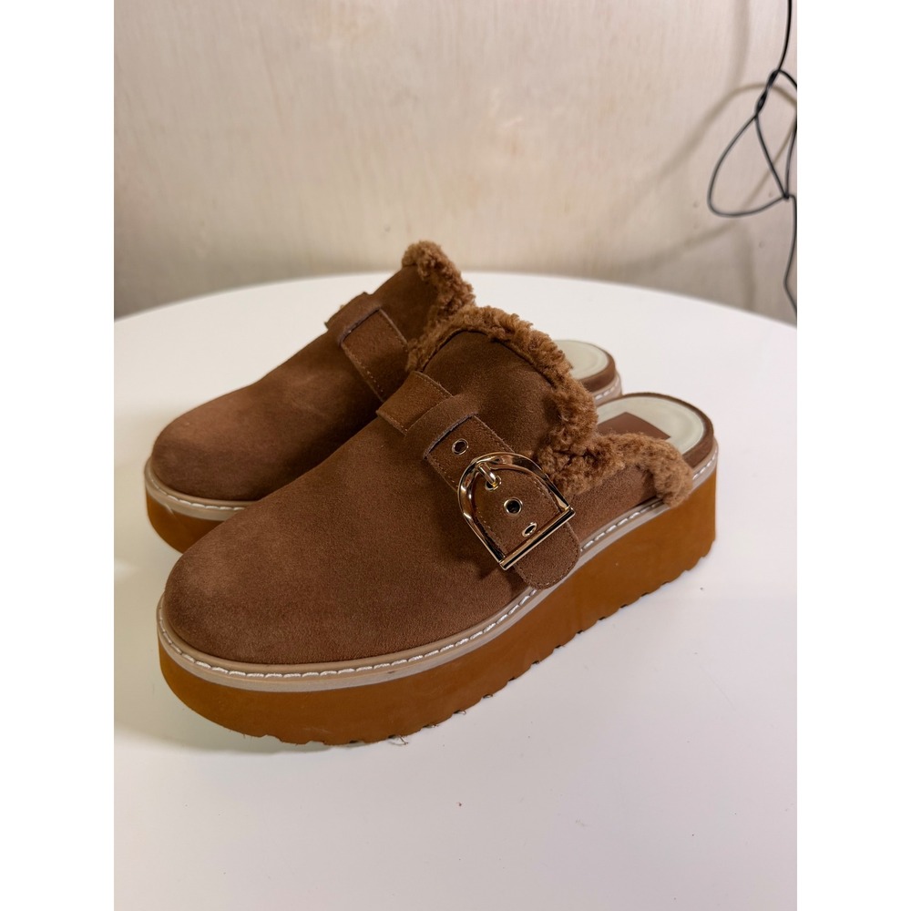 Dolce Vita Platform Mules Women 7.5 Brown Excellent Suede Shearling Clogs Buckle
